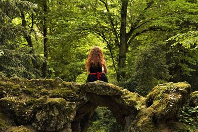 Rear view of woman sitting on rock in forest