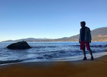 Man standing on shore against clear sky