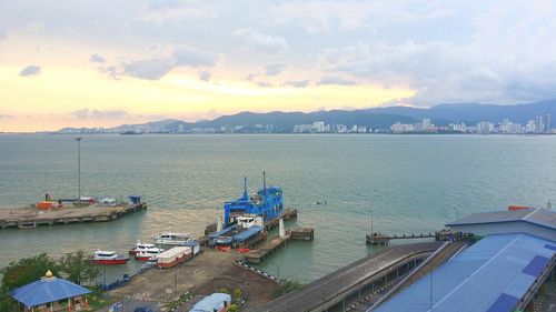 High angle view of harbor during sunset