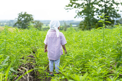 Rear view of boy standing on field