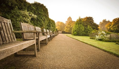 Walkway amidst trees against clear sky