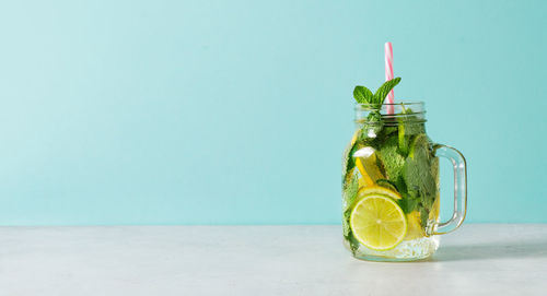 View of drink in glass jar
