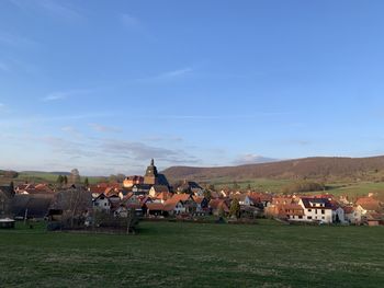 Panoramic view of townscape against sky in ershausen, schimberg, eichsfeld, thuringia, germany