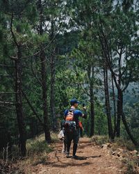 Rear view of man and woman walking on footpath in forest