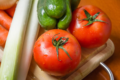 High angle view of tomatoes on table