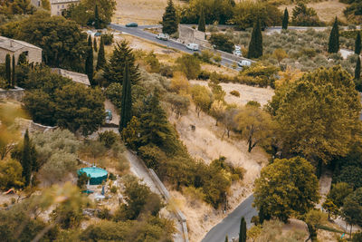 High angle view of road amidst trees and buildings