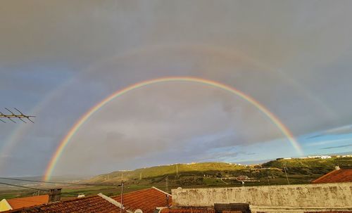 Scenic view of rainbow over building against sky