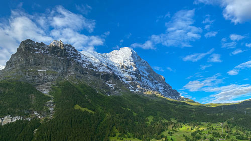 Scenic view of mountains against blue sky