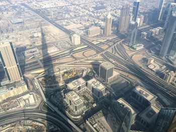 High angle view of modern buildings in city