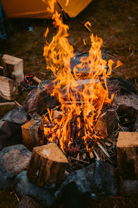 High angle view of fire on log