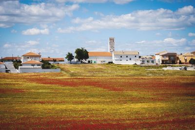 Houses on field by buildings against sky