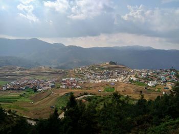 High angle view of townscape against sky