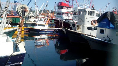 Boats moored at harbor