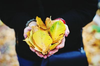 Close-up of hand holding yellow autumn leaf