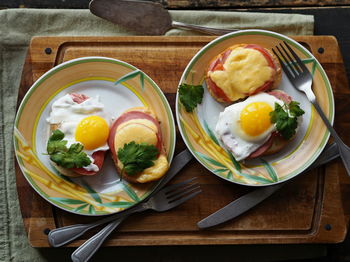 High angle view of breakfast served on table