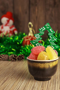 Close-up of fruits in bowl on table