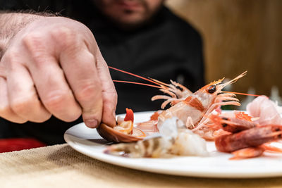 Midsection of man preparing food in plate