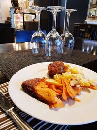 Close-up of food served on table