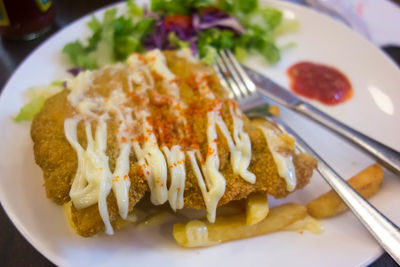 High angle view of breakfast served in plate