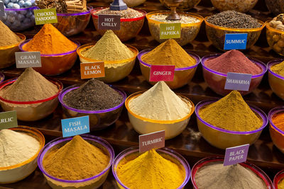Big variety of arabic spices in the traditional market in dubai