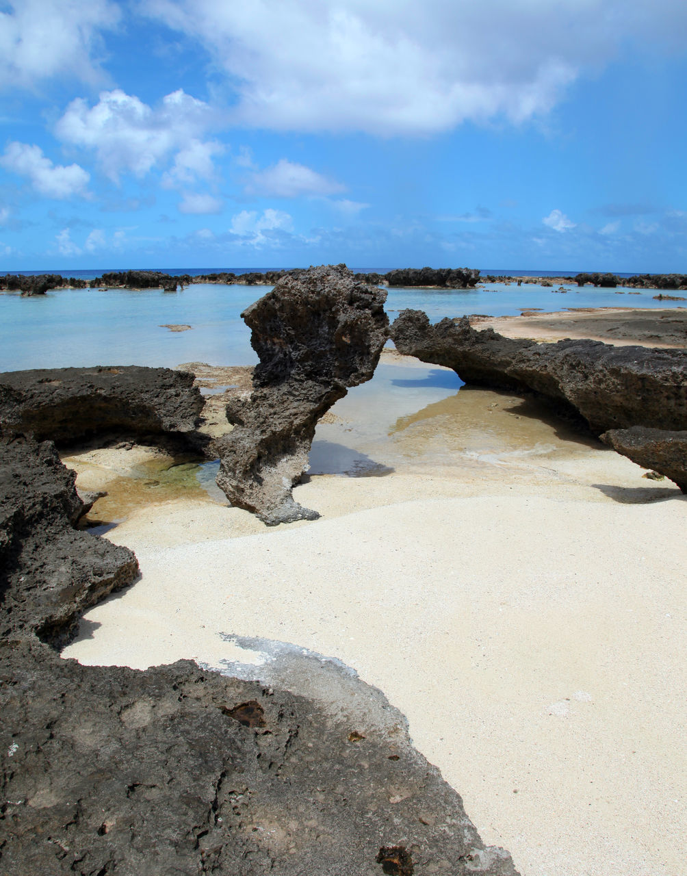 ROCKS ON SHORE AT BEACH AGAINST SKY