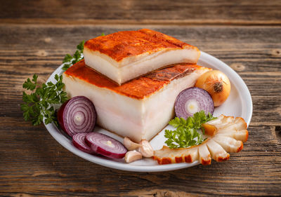 High angle view of food in plate on table