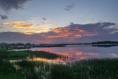 Scenic view of lake against sky during sunset