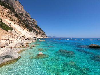 Scenic view of sea against clear blue sky