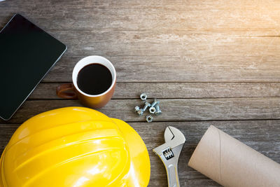 High angle view of coffee cup on table