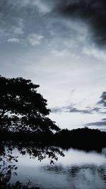 Silhouette tree by lake against sky