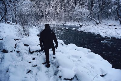 Rear view of man standing on snow covered trees