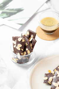 High angle view of dessert in glass on table