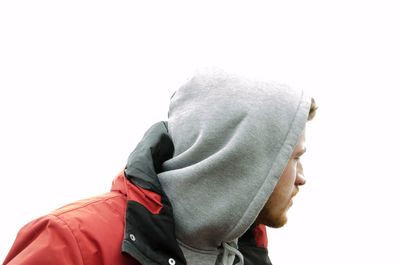 Close-up of woman over white background