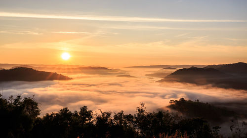 Scenic view of silhouette mountains against sky during sunset