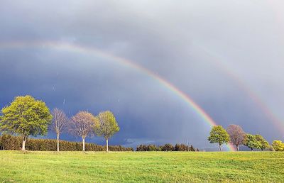 Scenic view of rainbow over field