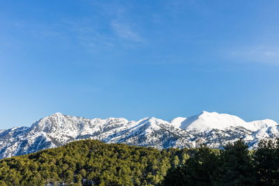 Scenic view of snowcapped mountains against blue sky