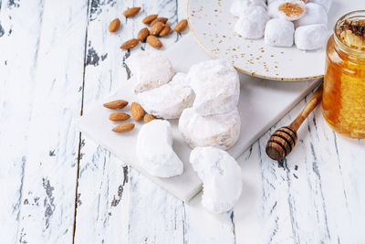 High angle view of dessert on table