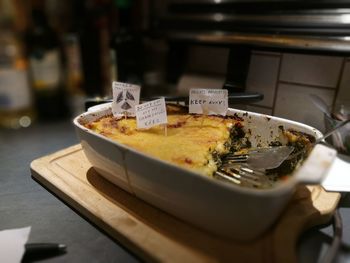 Close-up of food in container on table