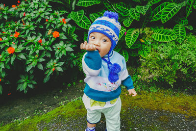 Portrait of cute boy standing against plants in park