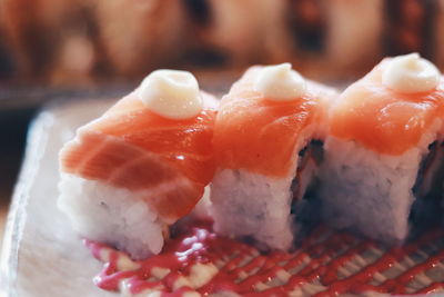 Close-up of sushi served in plate