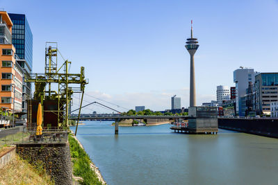 Architecture in harbor called medienhafen at the river rhine in düsseldorf, germany.