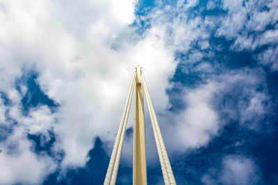 Low angle view of crane by building against sky