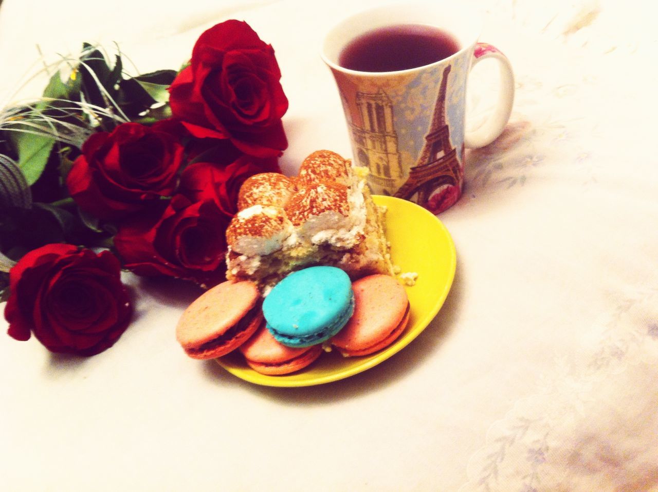 indoors, food and drink, still life, freshness, table, food, sweet food, high angle view, plate, ready-to-eat, dessert, indulgence, drink, coffee cup, refreshment, close-up, cup, serving size, spoon, unhealthy eating