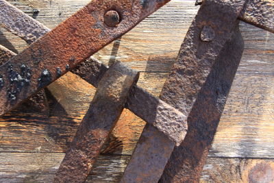 High angle view of rusty metal wood