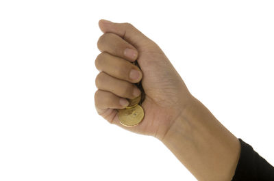 Close-up of person hand against white background