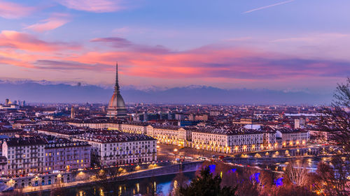 Turin and the moleantonelliana at sunset. piedmont, italy.