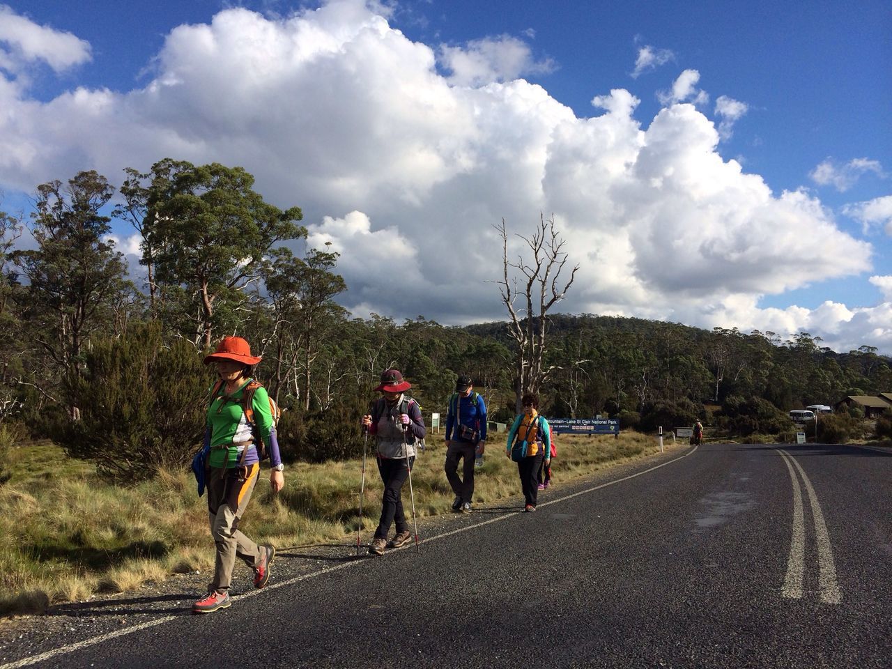 sky, men, cloud - sky, lifestyles, road, tree, leisure activity, transportation, person, the way forward, cloudy, cloud, full length, walking, large group of people, street, rear view, togetherness, riding