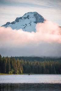 Scenic view of lake by mountains against sky during winter