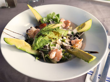 High angle view of salad in plate on table