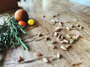 High angle view of fruits on cutting board